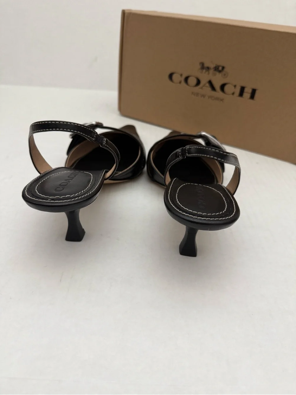 Coach Margot Black Leather Slingback Pump with Silver Buckle Size 10